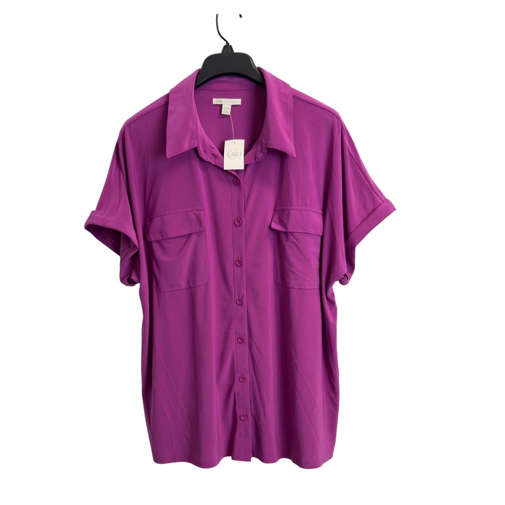 Cato Women Magenta Pink Short Sleeve Button Down Utility Blouse Size 18/20 NWT